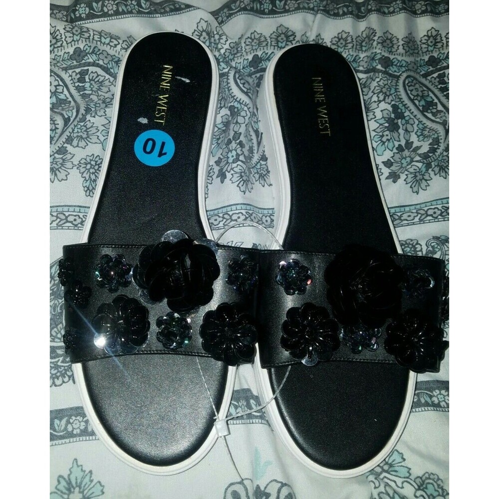 NINE WEST Women's Black Floral Sandals Size 10